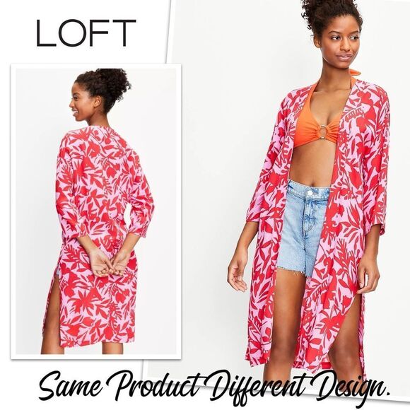 LOFT Red White Firework Print Long Open Duster Kimono Coverup. Size XS/S - Picture 3 of 11